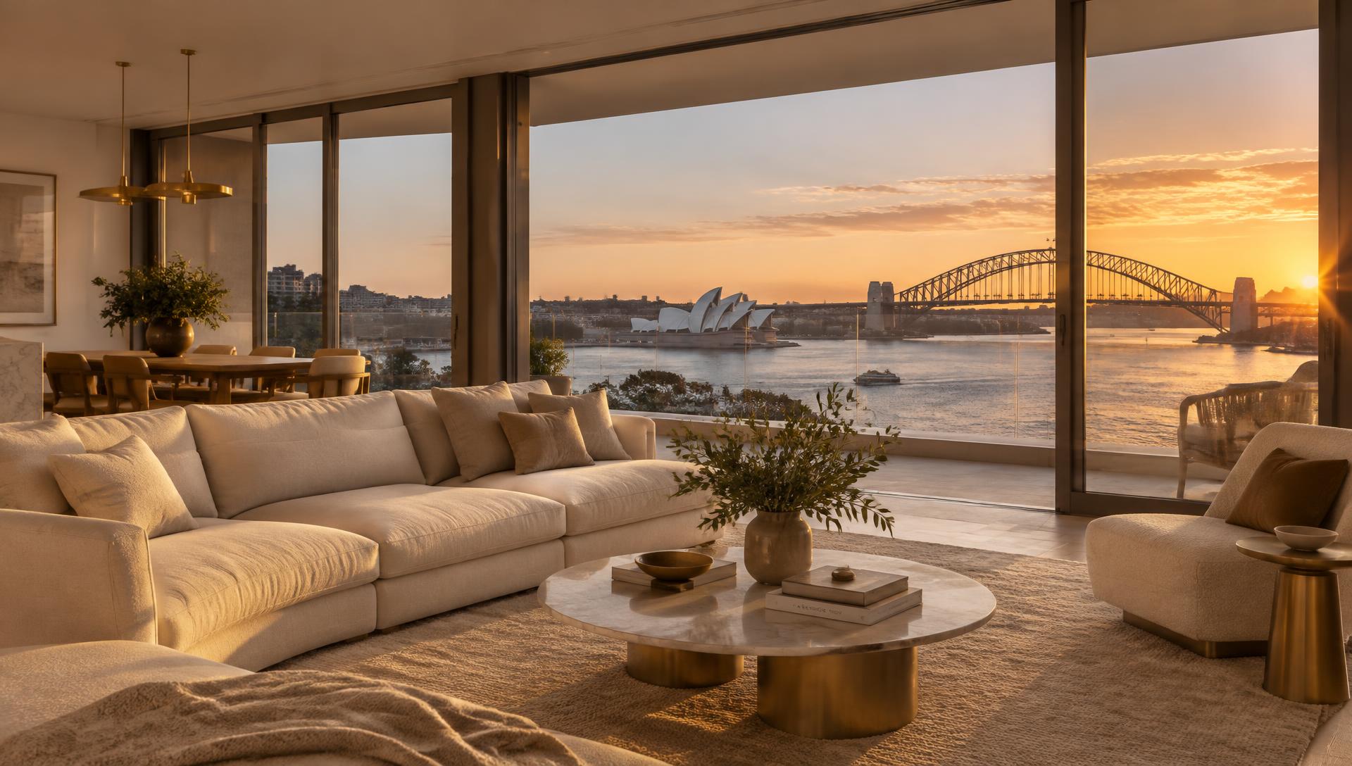 Sydney harbour apartment living room at sunset with views of the Opera House and Harbour Bridge